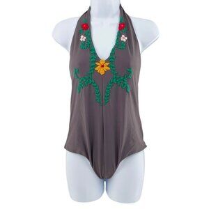 Posh Pua Gray Halter One‎ Piece Embroidered Bikini